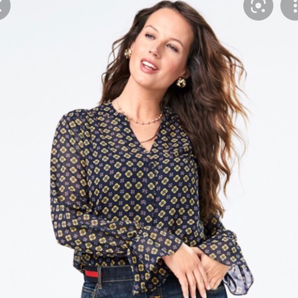 CAbi Mosaic Blouse Navy Gold NWOT